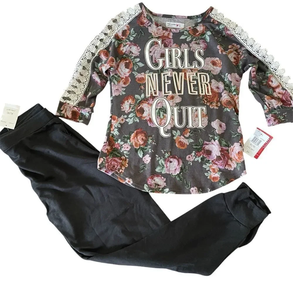 Knitworks Girls Matching Floral Top with Butterfly Accent and Lounge Pants XL